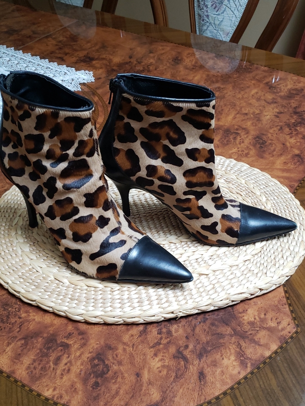Via Spiga Leather Real Fur Leopard Print Pointed Toe Ankle Boots - Sz.8.5